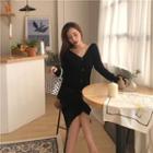 Long-sleeve Single-breasted Sheath Knit Dress Black - One Size