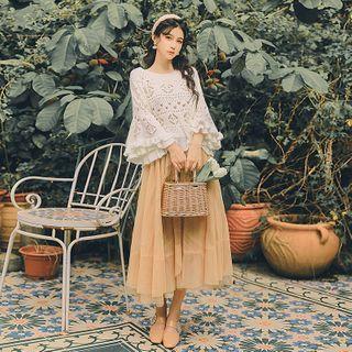 Set: Pointelle Knit Sweater + Midi A-line Skirt