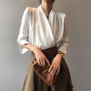 Long-sleeve V-neck Satin Blouse