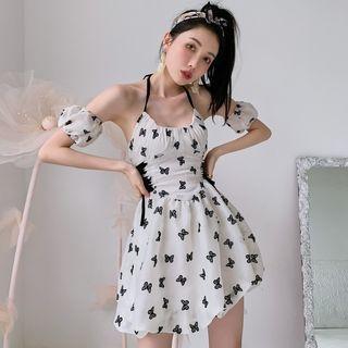 Set: Spaghetti Strap Floral Print A-line Dress + Arm Sleeves