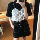 Mock-two Piece Feather Accent T-shirt Black - One Size