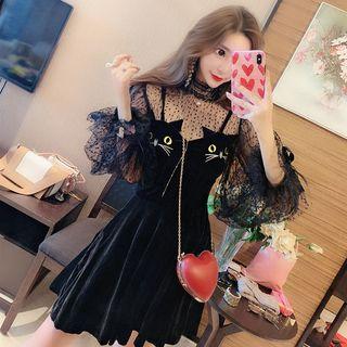 Lace Turtleneck Puff-sleeve Blouse / Cat Embroidered Spaghetti Strap A-line Dress / Set