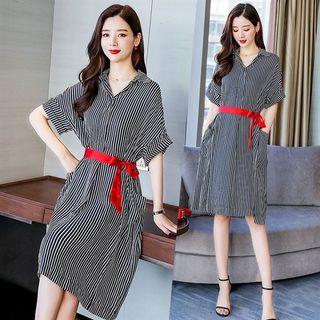 Roll-up Short Sleeve Striped Shirtdress