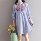 Embroidered Panel Striped 3/4 Sleeve Shirt Dress