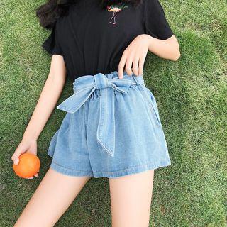 Tie-waist Wide-leg Denim Shorts
