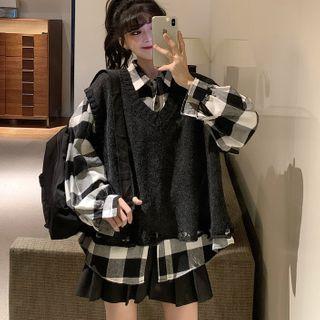 Long-sleeve Checked Shirt / Knit Vest
