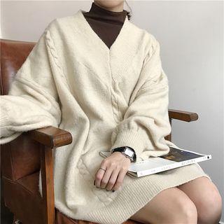 Plain V-neck Cable-knit Loose-fit Knit Dress