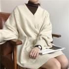 Plain V-neck Cable-knit Loose-fit Knit Dress
