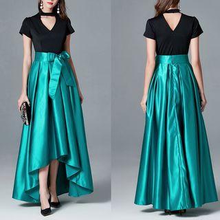 Cutout V-neck Short Sleeve Dipped Back Evening Gown