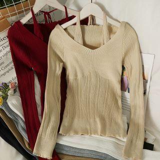 Mock Two-piece Off-shoulder Knit Halter Top In 6 Colors