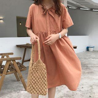 Tie-neck Short-sleeve Midi A-line Dress Khaki - One Size