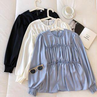 Long-sleeve Round Neck Ruffle-trim Blouse