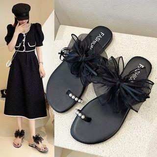 Mesh Ribbon Flat Slide Sandals