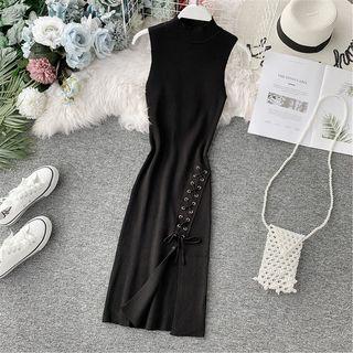 Lace-up Mock-neck Sleeveless Knit Dress Black - One Size