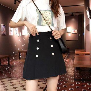 Double-breasted Plain High-waist Skirt