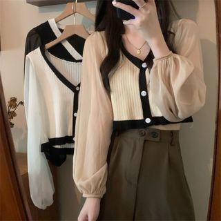 Color Block Knit Panel Chiffon Lantern-sleeve Top