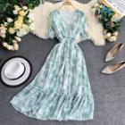 Short-sleeve Flower Print A-line Midi Dress Light Green - One Size