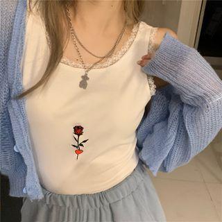 Rose Embroidery Tank Top White - One Size