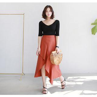 Asymmetric-hem Ruffled Cotton Long Skirt