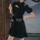 Spaghetti Strap Floral A-line Dress / Asymmetrical Cold-shoulder Crop Blouse
