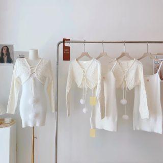 Set: Strappy Sheath Dress + Cardigan Strappy Dress - White - One Size / Cardigan - Beige - One Size