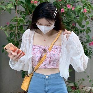 Floral Bow Tube Top / Long-sleeve Lace Cropped Cardigan