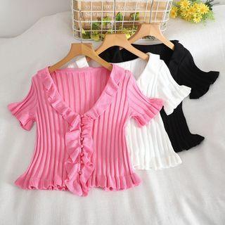 Short-sleeve Button-up Frill Trim Ribbed Knit Top