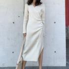 Long-sleeve V-neck Drawstring Midi Dress