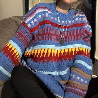 Turtleneck Jacquard Sweater Blue & Red & Yellow - One Size