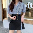 Elbow-sleeve Striped Mini A-line Shirtdress / Mini A-line Skirt