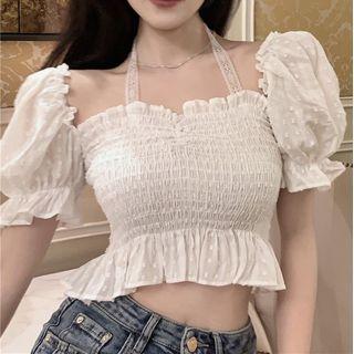 Puff-sleeve Dotted Cropped Blouse White - One Size