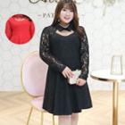 Long-sleeve Collared A-line Lace Dress