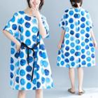 Dotted Elbow-sleeve Tie-waist A-line Dress