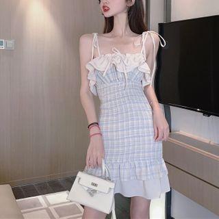 Spaghetti Strap Plaid Ruffle Mini Sheath Dress