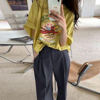 Cartoon Printed T-shirt + High-waist Shift Wide-leg Pants