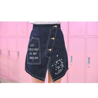 Print Asymmetric Denim Skirt