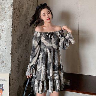 Puff-sleeve Tie-dyed Midi A-line Dress