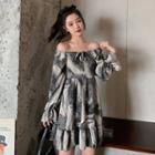 Puff-sleeve Tie-dyed Midi A-line Dress