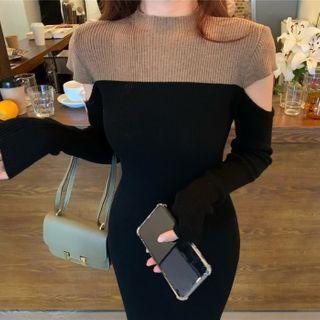 Long-sleeve Color Block Cutout Plain Knit Dress