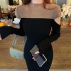 Long-sleeve Color Block Cutout Plain Knit Dress