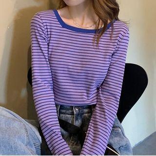 Long-sleeve Striped Square-neck T-shirt