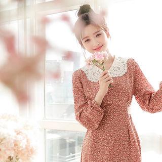 Lace-collar Tie-waist Midi Floral Dress