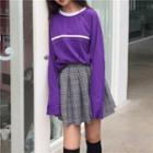 Long Sleeve Slit-cuff Striped T-shirt Purple - One Size