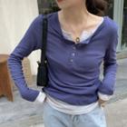 Mock Two-piece Long-sleeve Henley T-shirt