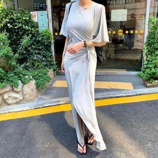 Elbow-sleeve Plain Maxi Dress