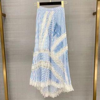 Striped Lace Trim Midi A-line Skirt