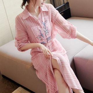 Set: Striped Flower Print Chiffon Midi Shirtdress With Belt + Slipdress