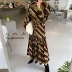 Drawstring-waist Frilled-hem Patterned Maxi Dress
