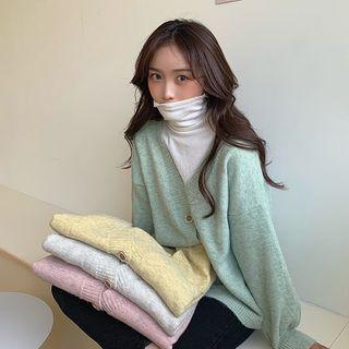 Mock-turtleneck Long-sleeve Top / V-neck Cardigan