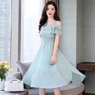 Ruffle Cold-shoulder A-line Dress